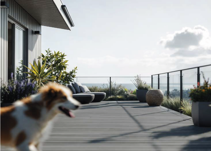 Terrasse in granit grey mit Bambusdielen.