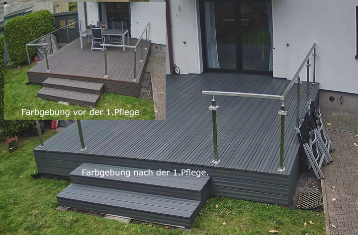 Vergleich der Farbgebung von Bambus-Terrassendielen in Granit-Grau vor und nach der ersten Pflege. Das obere Bild zeigt die leicht ausgeblichene Oberfläche vor der Behandlung, das untere Bild die aufgefrischte, intensivere Farbgebung nach der Pflege mit Bambus-Terrassenöl.