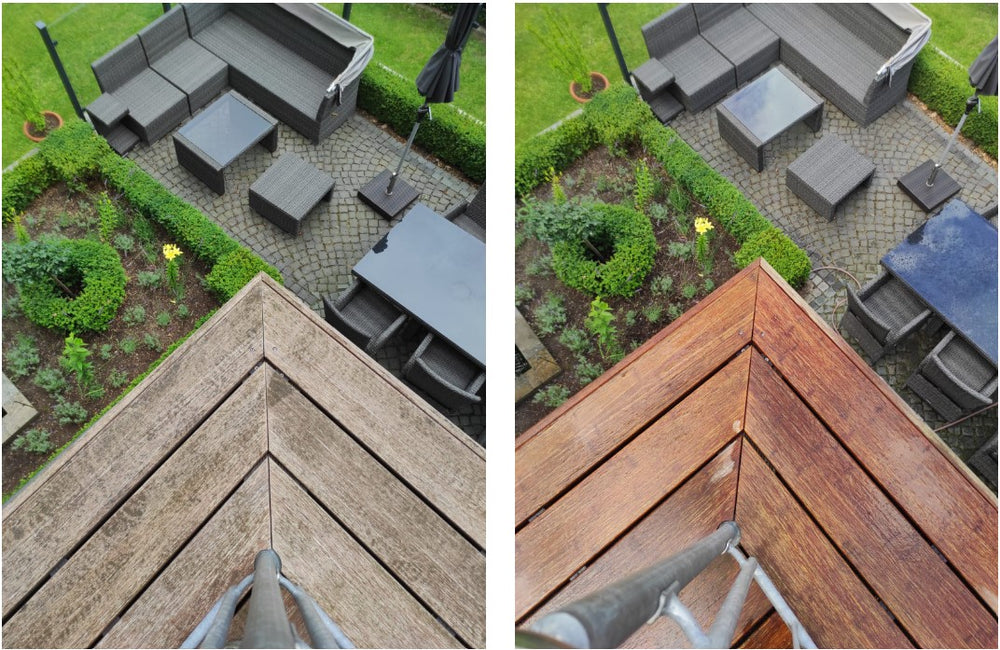 Vorher-nachher-Vergleich von Bambus Terrassendielen – links verwittert und grau, rechts intensiv gereinigt mit einem effektiven aMbooo Terrassenreiniger für strahlende Ergebnisse im Außenbereich.