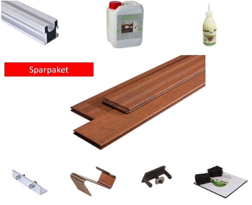Komplettpaket für Bambus-Terrasse Varadero mit Dielen, Aluminium-Unterkonstruktion, Clips, Pflegeöl und Zubehör.