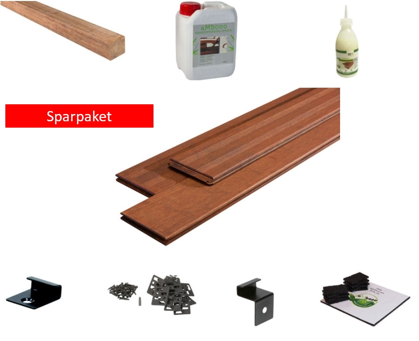 Elegante Terrasse mit glatten Bambus-Terrassendielen aus dem Komplettset „Varadero“ – langlebig, pflegeleicht und nachhaltig