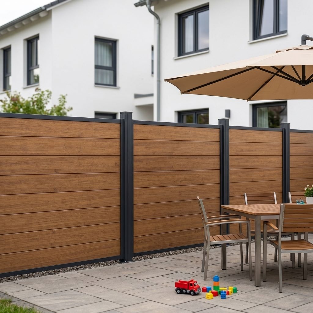 Der Systemzaun aus Bambus von AMBOOO. Die Alternative zu Zäunen aus Holz. Zaunpaneele in der Farbe Sand mit Pfosten aus Aluminium. Stabil, Pflegeleicht, Witterungsbeständig, Blick- und Winddicht.