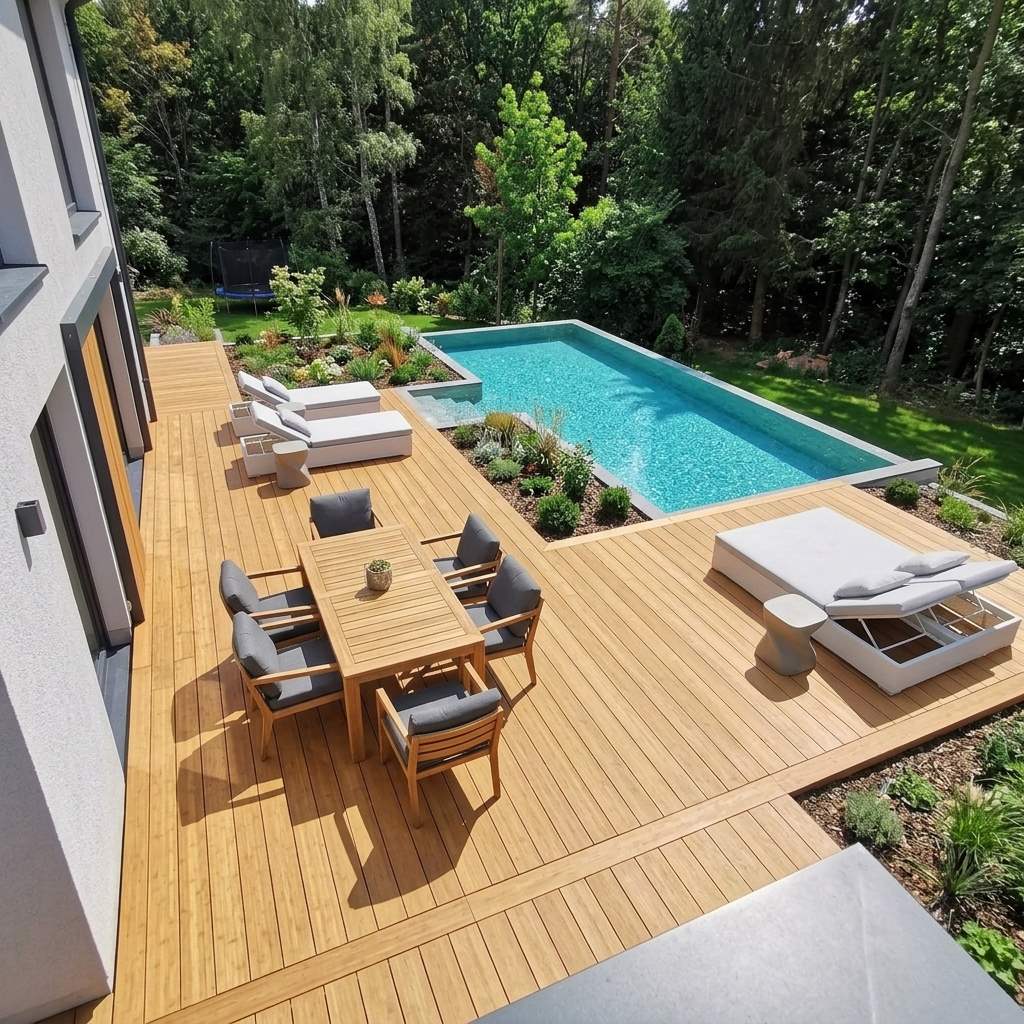 Moderne Poolterrasse aus Colon Closeddecking Terrassendielen mit Essbereich, Sonnenliegen und Blick auf den Garten.