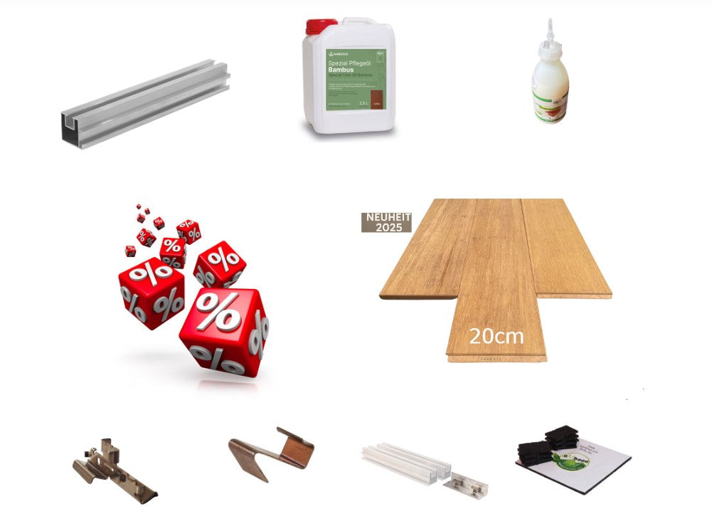 AMBOOO Closed Decking Bambus Terrassendielen Komplettset, in der Farbe Natur hell Sand, als Sparpaket mit Unterkonstruktion, Clips, Pflegeöl und Zubehör für den Terrassenbau.
