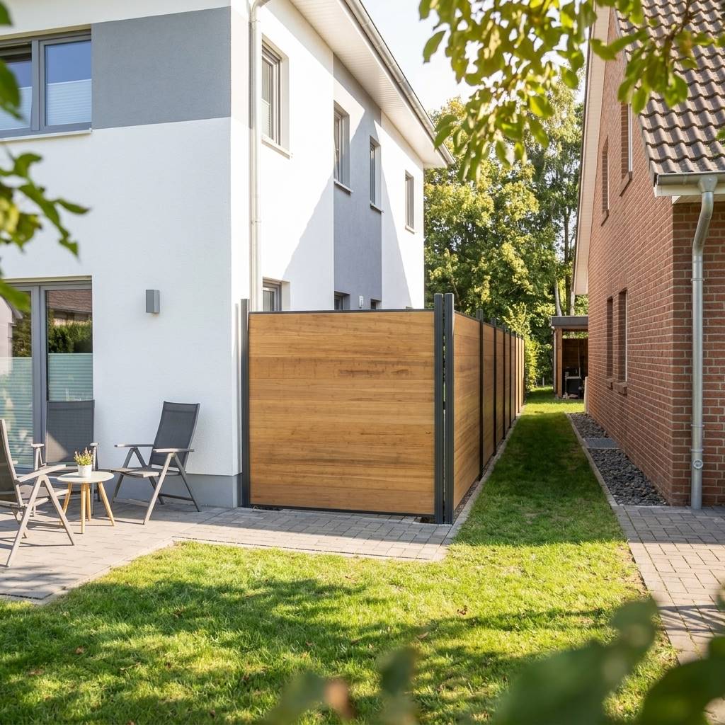 Moderne Steinterrasse abgetrennt von einer Zaunanlage in der Farbe Sand. Im Vordergrund ist ein Esstisch mit Stühlen zusehen.