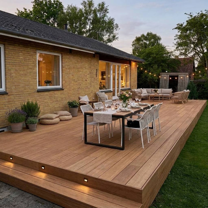 großzügige Terrasse, erstellt mit AMBOOO Closeddecking-Terrassendielen colon in natürlicher Holzoptik, ausgestattet mit modernen Essbereich und Loungemöbeln, vor einem Einfamilienhaus mit gelber Klinkerfassade.