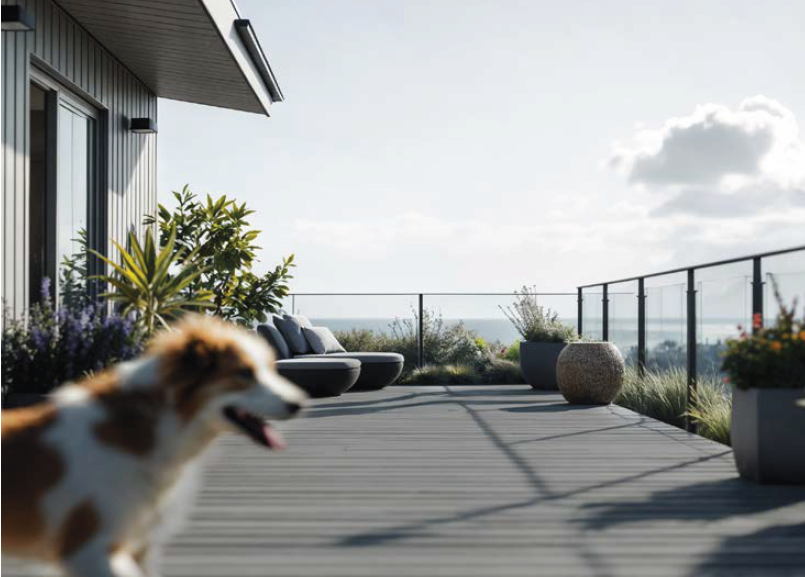Terrasse in granit grey mit Bambusdielen.