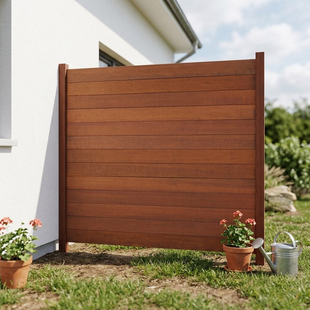 Brauner Bambus-Sichtschutzzaun mit horizontalen Lamellen neben einer weißen Hauswand im Garten.