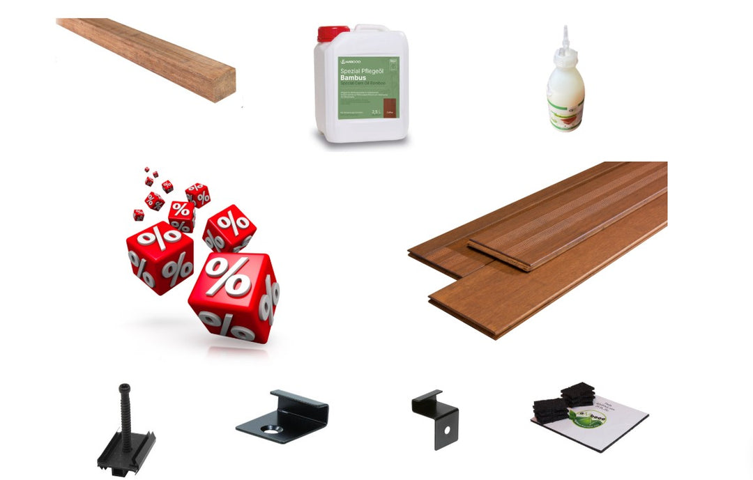 aMbooo nachhaltige  Terrassendielen Komplettpaket Vinales mit einer Bambus UK.