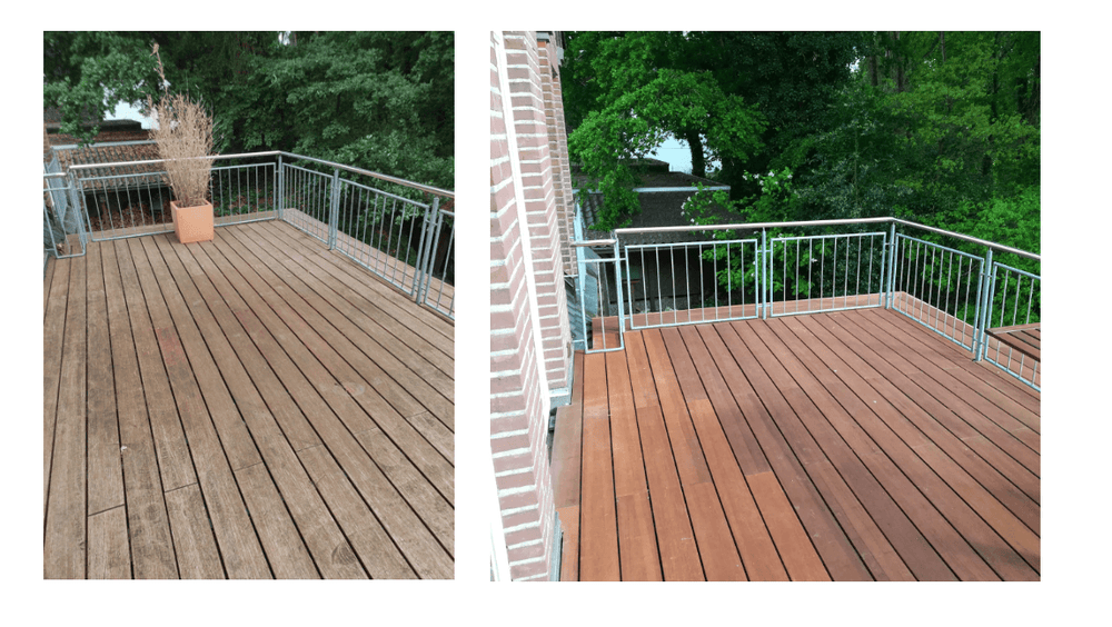 Vorher-Nachher Bild einer Bambusterrase: Verwitterte Terrassendielen werden durch Reinigung und Pflege sichtbar aufgefreischt und erhalten ihre natürliche Holzfarbe zurück.