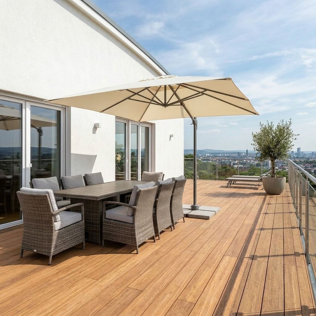 Großzügige Holzterrasse mit Esstisch, Liegen, Glasgeländer und weitem Blick über die Stadt.