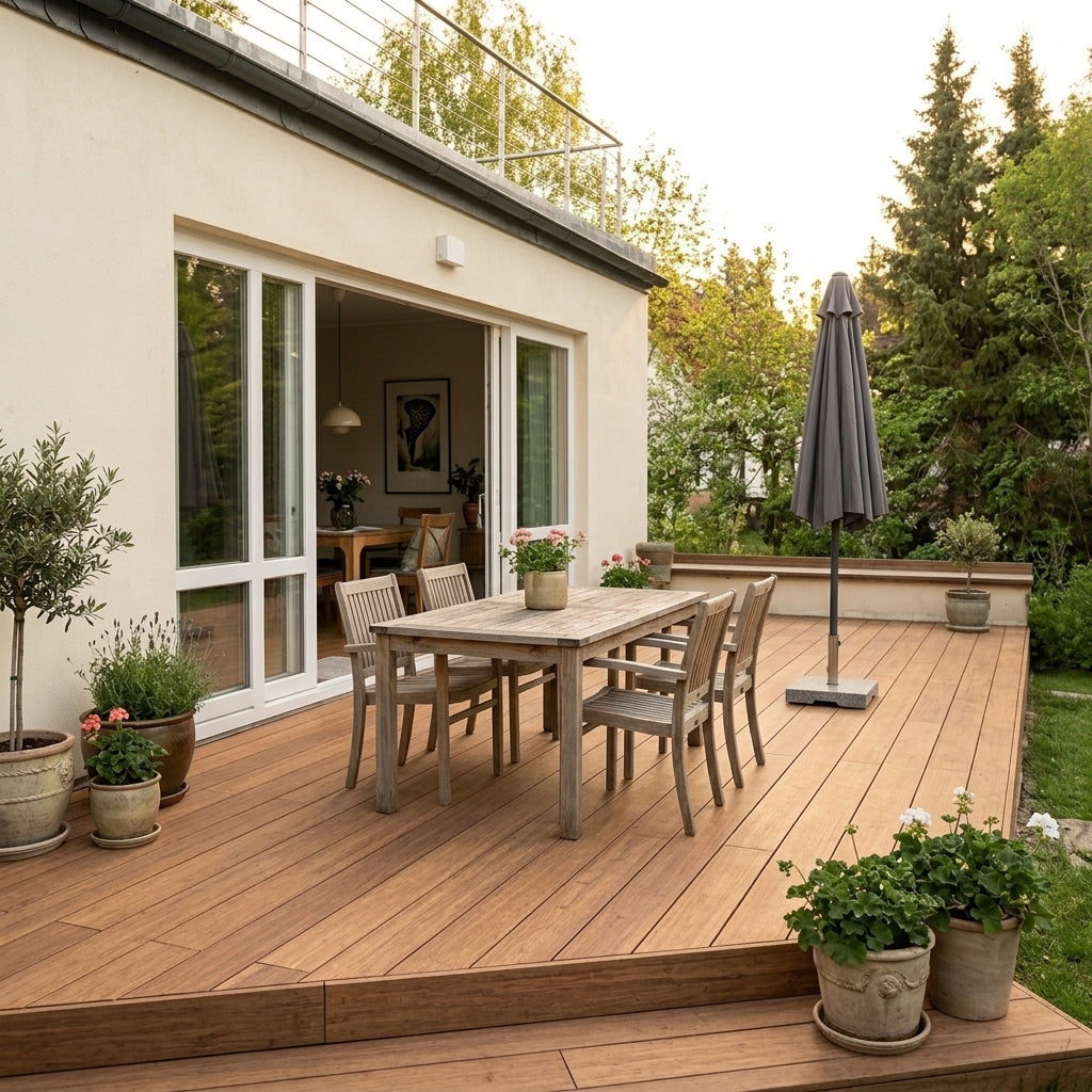 Holzterrasse mit gedecktem Esstisch, Sitzmöbeln und zahlreichen Topfpflanzen an einem Wohnhaus.