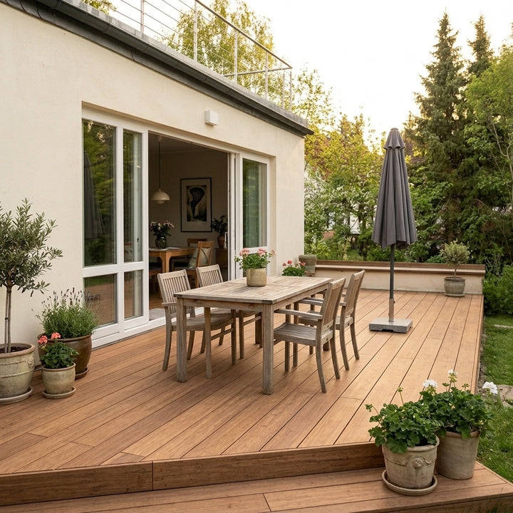 Holzterrasse mit gedecktem Esstisch, Sitzmöbeln und zahlreichen Topfpflanzen an einem Wohnhaus.