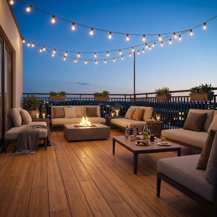 Großzügige Closeddecking Dachterrasse mit modernen Loungemöbeln, zentraler Feuerstelle, gedecktem Tisch und leuchtenden Lichterketten in der Abenddämmerung.