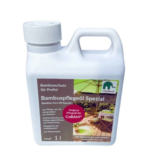 1-Liter-Flasche Bambus-Pflegeöl Spezial von Elephant zur Pflege und zum Schutz von Bambusmöbeln und Bambusterrassen im Außenbereich. Weißer Kunststoffbehälter mit Tragegriff und Produktetikett.