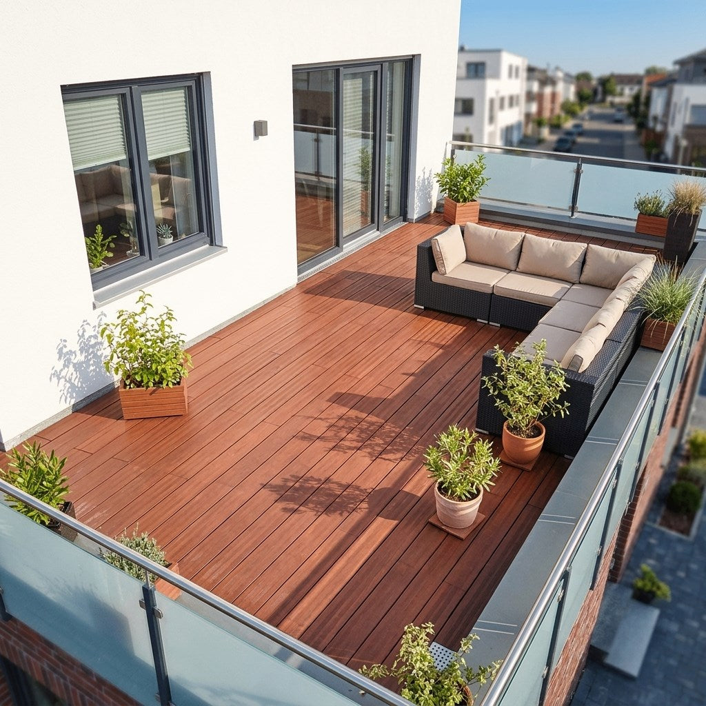 Moderne Dachterrasse mit Bambusdielen, Glasgeländer, großer Lounge-Sitzgruppe und mehreren Pflanzkübeln.