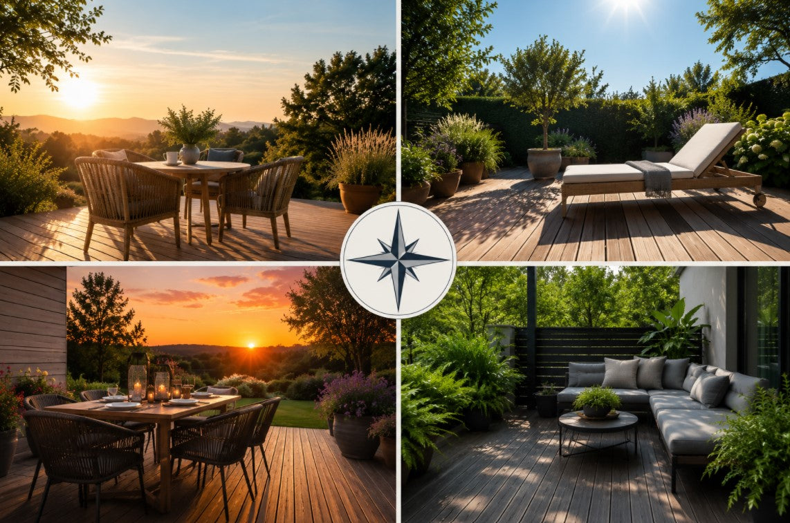 Geografische Ausrichtung einer Terrasse mit Nord-, Süd-, Ost- und Westlage im Vergleich