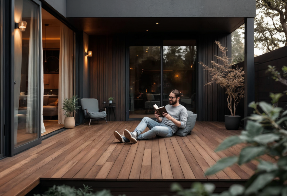 Terrassendielen in white oak mit man der ein Buch liest.