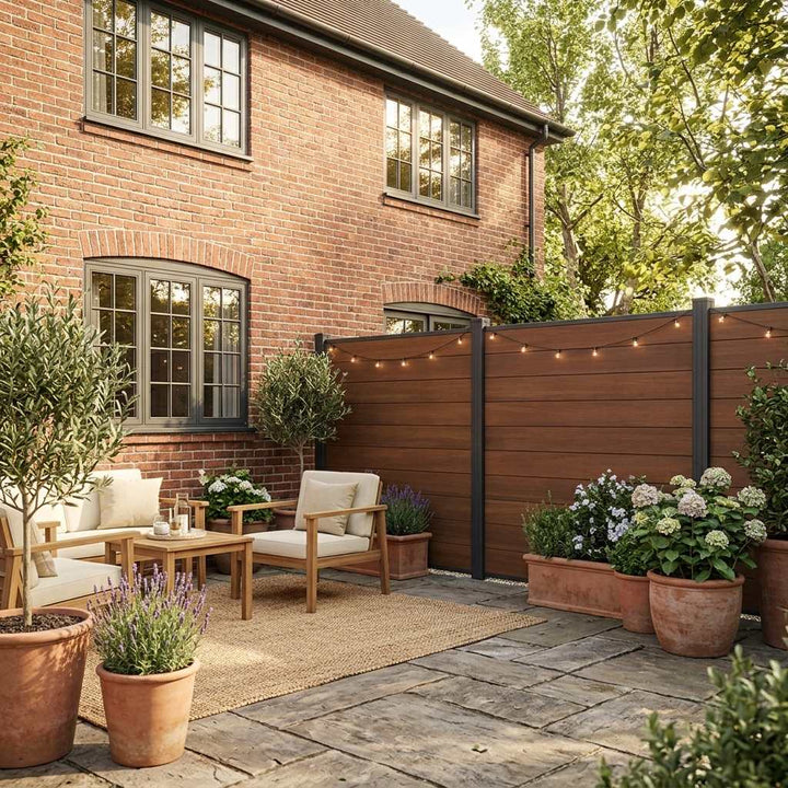 Gemütliche Gartenterrasse mit Holzsitzmöbeln, Pflanzkübeln und Lichterkette vor einem Sichtschutzzaun in Holzoptik und einem Backsteinhaus.