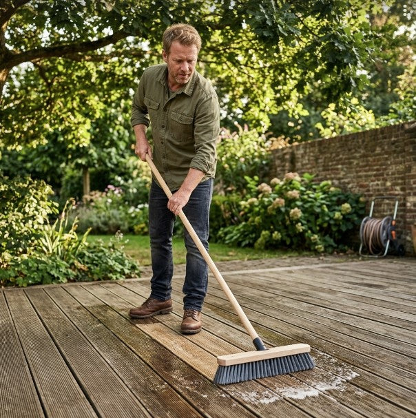 Person reinigt eine Holzterrasse im Garten mit einem Schrubber und Wasser. Die Terrassendielen werden gründlich gesäubert, während die grüne Gartenlandschaft und blühende Pflanzen im Hintergrund eine gepflegte Außenanlage zeigen.