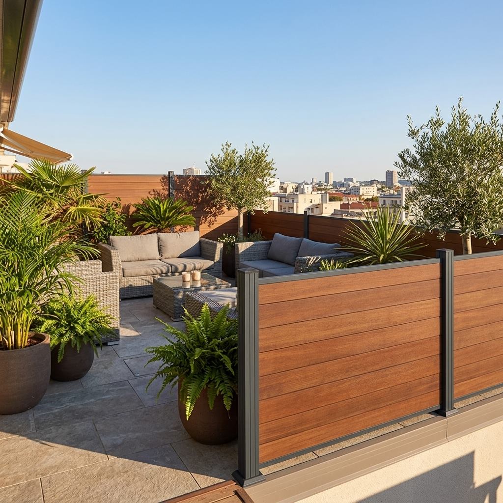Moderne Dachterrasse mit gemütlicher Lounge, großen Pflanzkübeln und AM BOOO Sichtschutz in Holzoptik vor städtischer Kulisse.