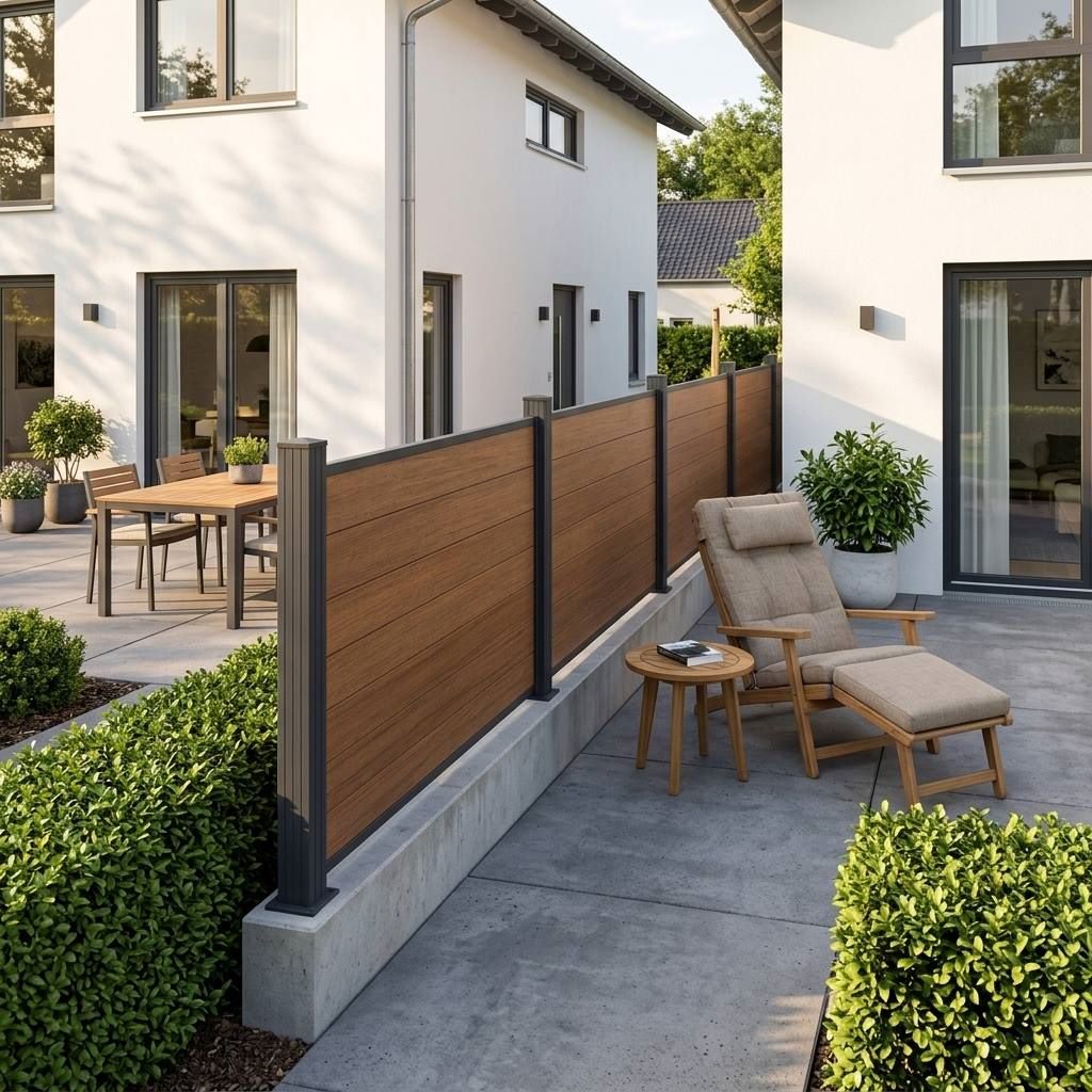 Sichtschutzzaun mit anthrazitfarbenen Pfosten als Abtrennung zwischen zwei modernen Terrassen. Auf einer Terrasse mit einem Esstisch und auf der anderen Terrasse mit einem Liegestuhl