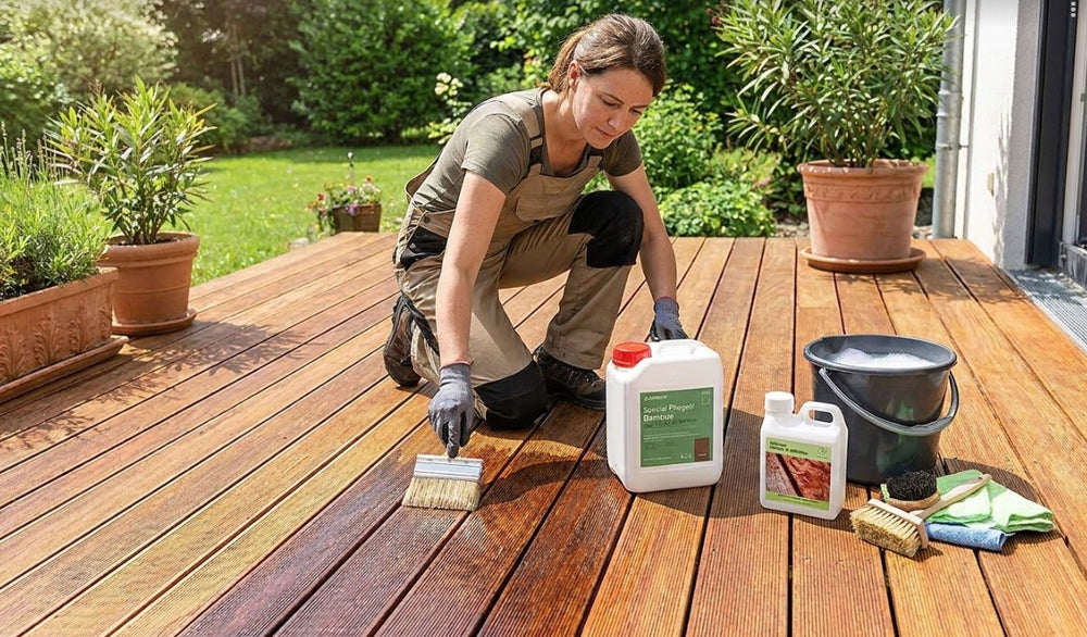 Pflege einer Bambusterrasse mit Terrassenöl und passendem Reinigungszubehör. Die Aufnahme zeigt die fachgerechte Behandlung von Terrassendielen zur Auffrischung der Holzfarbe, zum Schutz vor Witterungseinflüssen und zur langfristigen Werterhaltung der Terrasse.