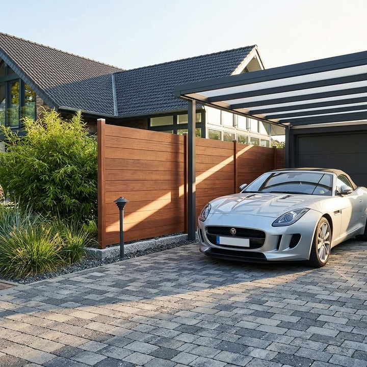 Silbernes Cabriolet unter einem modernen Carport neben einer coffee farbenden Bambus-Sichtschutzwand; im Hintergrund stehen ein Wohnhaus und dichte Gartenpflanzen
