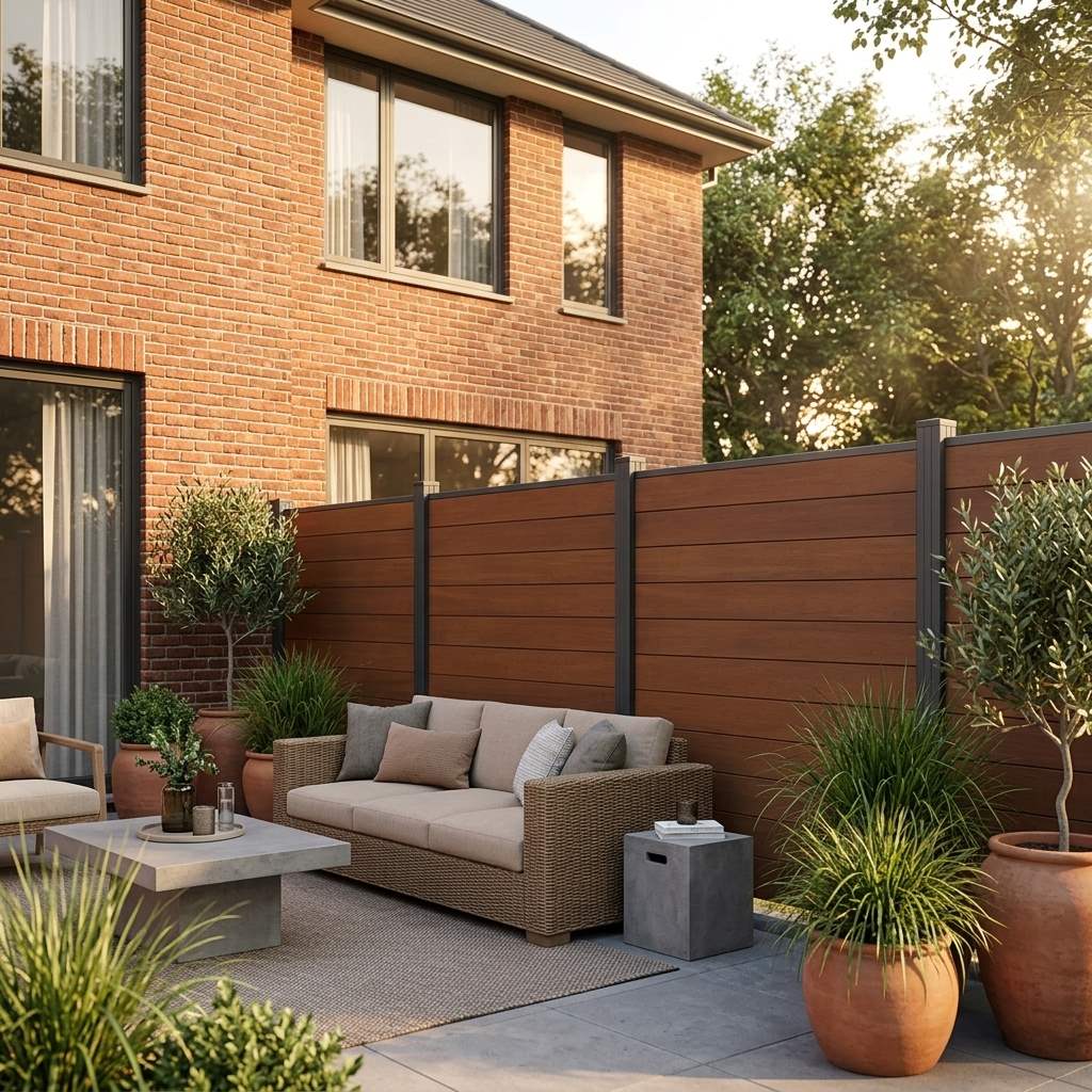 Gemütliche Gartenterrasse mit Holzsitzmöbeln, Pflanzkübeln