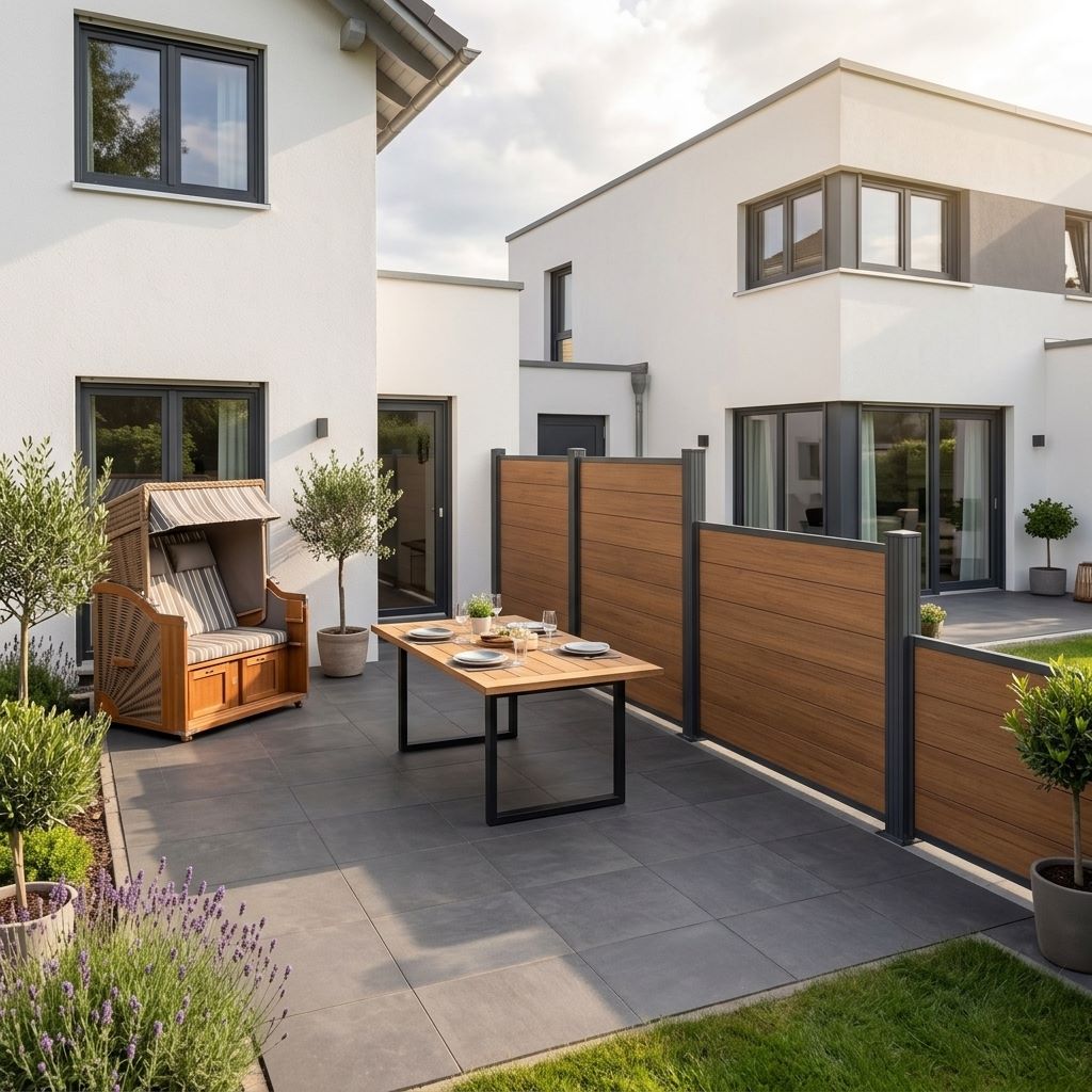 Sichtschutzzaun mit anthrazitfarbenen Pfosten entlang einer modern gestalteten Terrasse. Der Zaun trennt zwei Villen von einander.