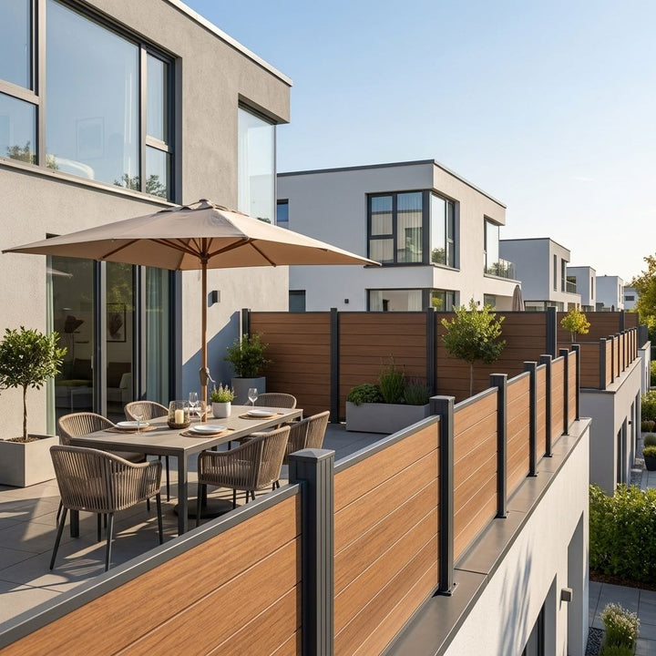 Sichtschutzzaun alternative zum Holzzaun mit anthrazitfarbenen Pfosten auf einer möblierten Dachterrasse vor modernen Wohnhäusern.