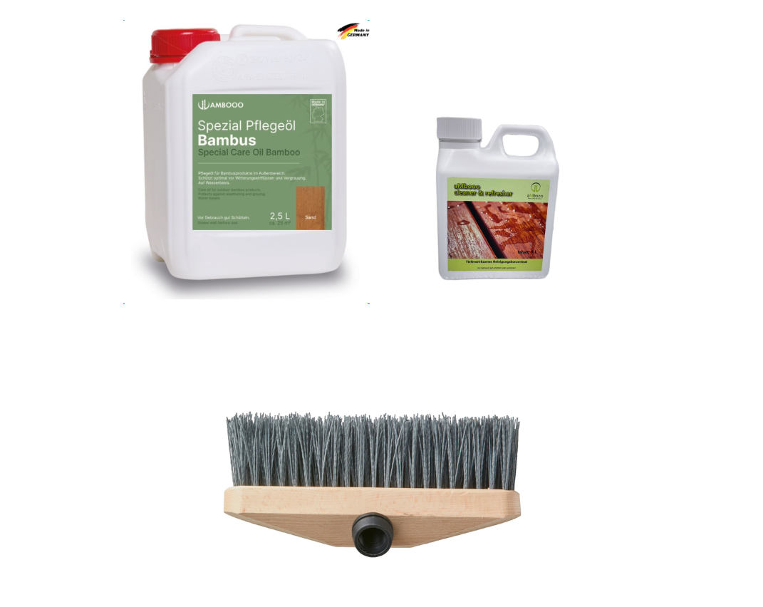 Komplettes Terrassen-Pflegeset für Bambus-Terrassen: Bambus-Pflegeöl, Terrassenreiniger und Schrubbbürste für Reinigung, Schutz und Werterhalt für cobam, ambooo  und xtreme Bambusdielen.