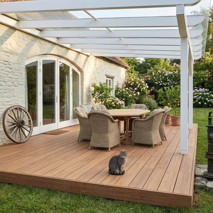 Überdachte Closeddecking Holzterrasse mit Esstisch, Sitzmöbeln und schwarzer Katze vor einem hellen Landhaus mit blühendem Garten.