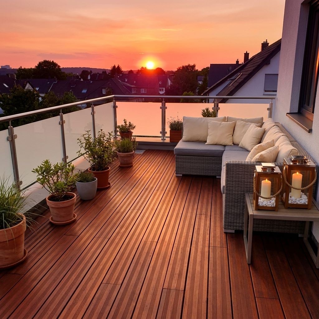 Moderne Dachterrasse mit Bambusdielen, Glasgeländer, Sitzmöbeln und Kübelpflanzen im warmen Licht des Sonnenuntergangs.
