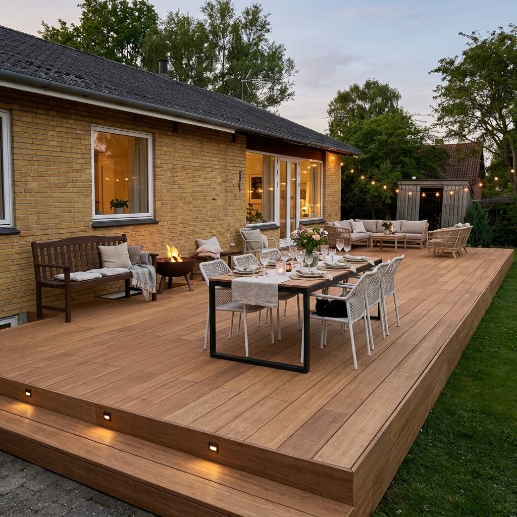 großzügige Terrasse, erstellt mit AMBOOO Closeddecking-Terrassendielen colon in natürlicher Holzoptik, ausgestattet mit modernen Essbereich und Loungemöbeln, vor einem Einfamilienhaus mit gelber Klinkerfassade.