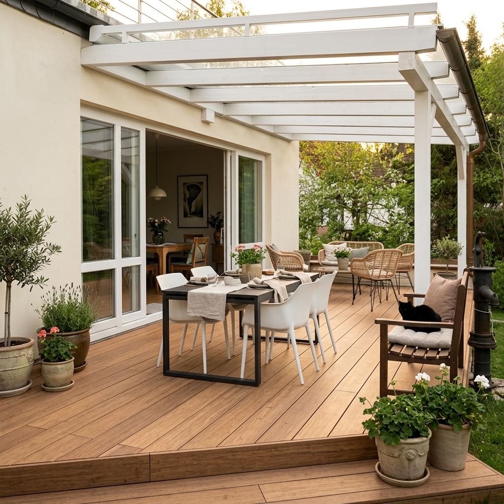 Überdachte Holzterrasse mit gedecktem Esstisch, Sitzmöbeln und zahlreichen Topfpflanzen an einem Wohnhaus.