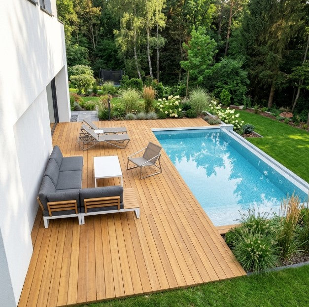 Großzügige Poolterrasse aus Colon Closeddecking Bambus-Terrassendielen mit Loungegruppe, Sonnenliegen und gepflegter Gartenlandschaft.