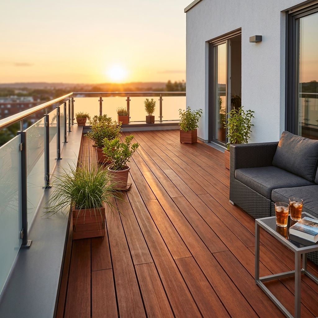 Moderne Dachterrasse mit Holzdielen, Glasgeländer, Sitzmöbeln und Kübelpflanzen im warmen Licht des Sonnenuntergangs.