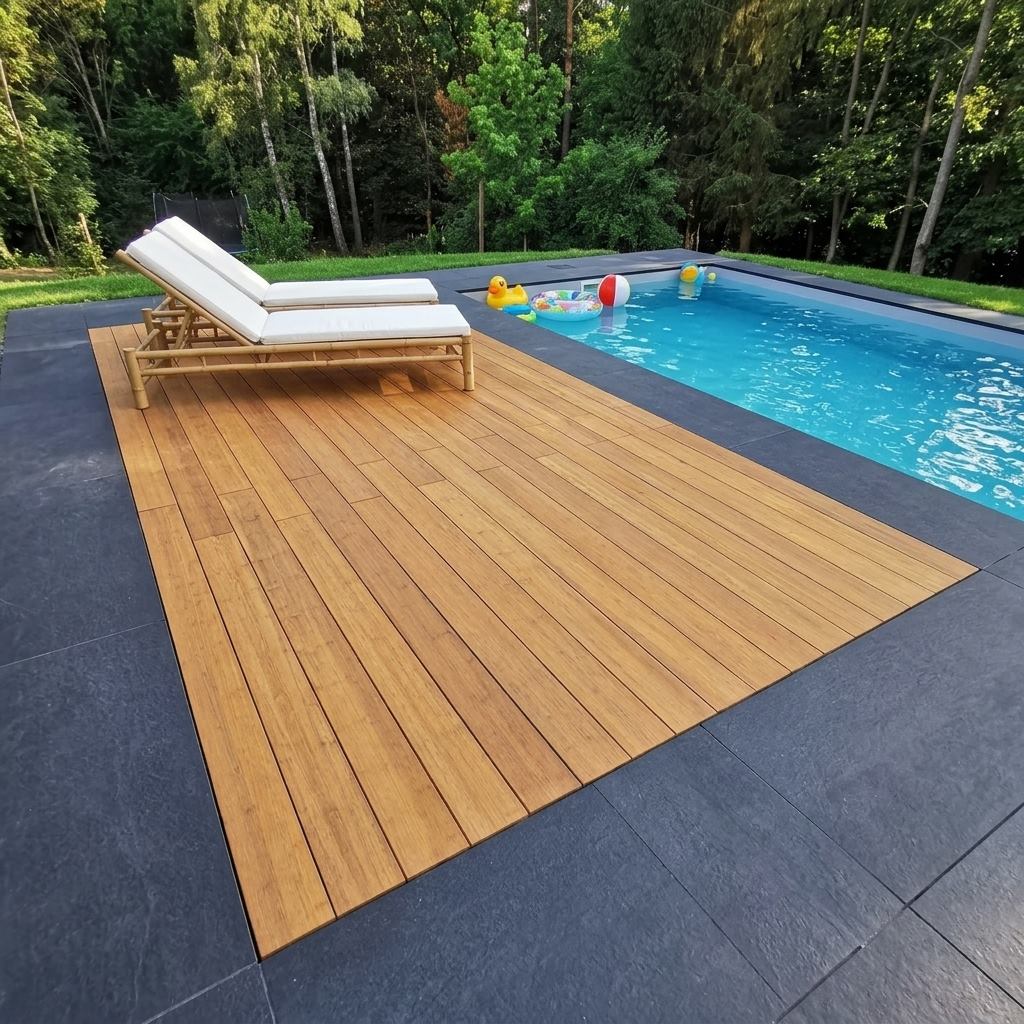 Pool mit warmer Holzterrasse, dunklen Steinplatten und zwei weißen Sonnenliegen vor einem grünen Wald.