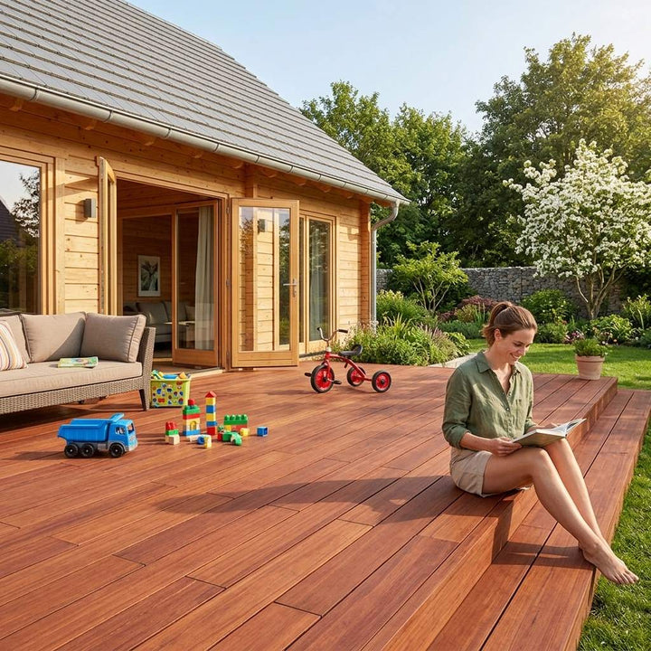 Frau liest auf den Stufen einer großzügigen Holzterrasse vor einem Holzhaus, während Kinderspielzeug und ein Dreirad auf der Terrasse stehen.