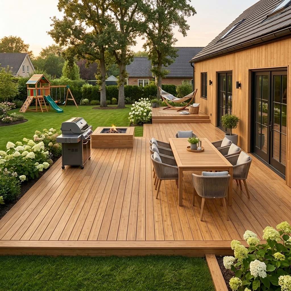 Große Holzterrasse mit Essgruppe, Grill, Feuerstelle und Hängematte vor einem Holzhaus mit Blick in einen familienfreundlichen Garten