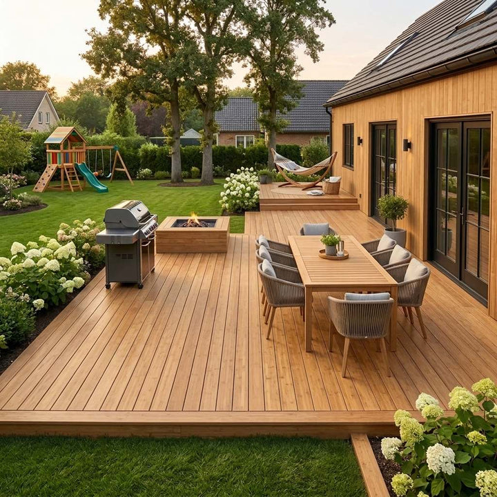 Große Holzterrasse mit Essgruppe, Grill, Feuerstelle und Hängematte vor einem Holzhaus mit Blick in einen familienfreundlichen Garten