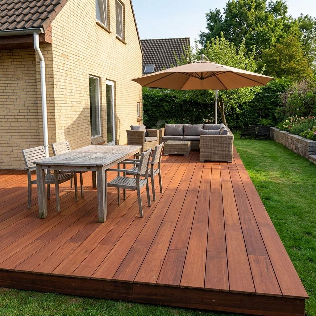 Großzügige Holzterrasse an einem Wohnhaus mit Esstisch, Lounge-Möbeln und Sonnenschirm neben einer gepflegten Rasenfläche.