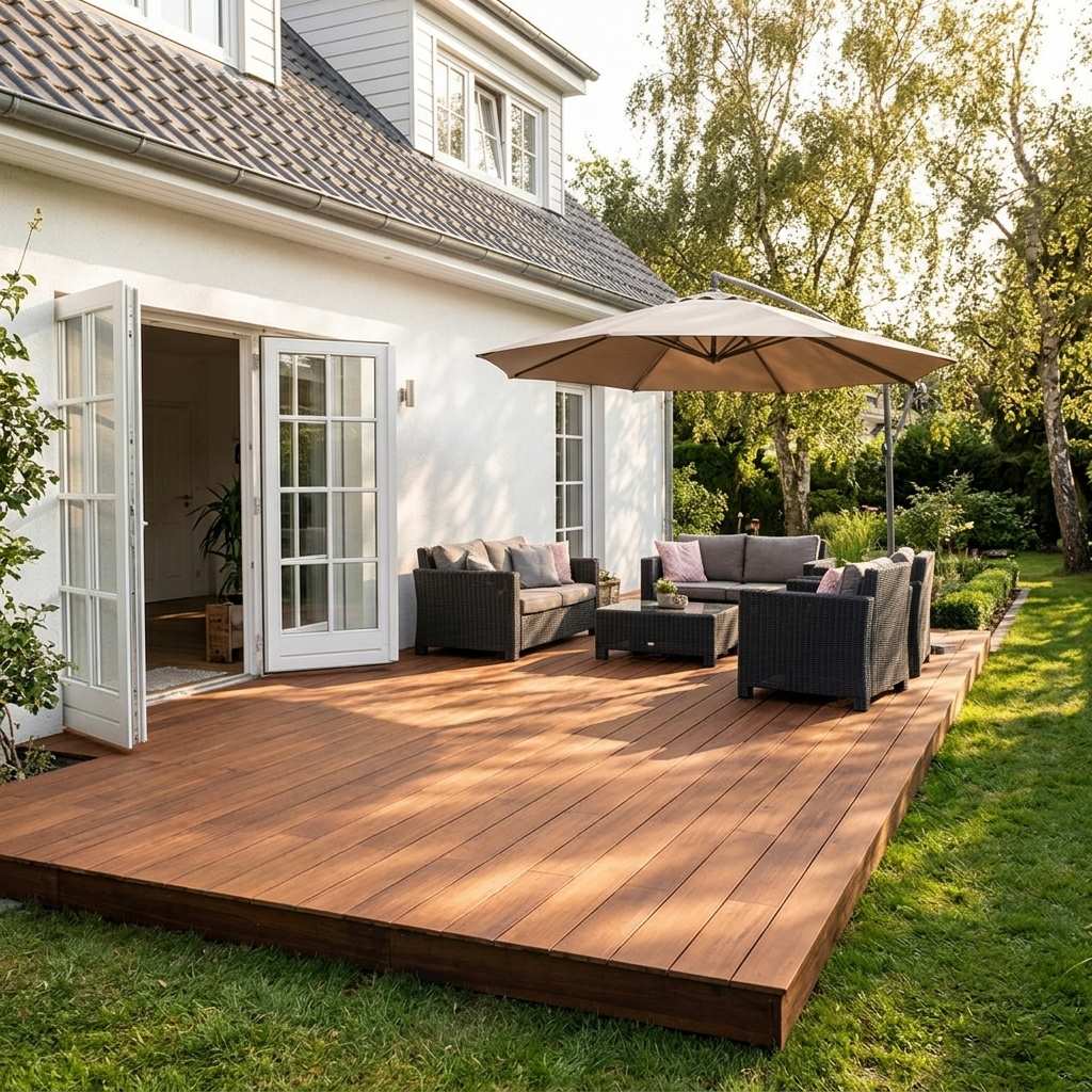 Große Holzterrasse an einem weißen Haus mit Sitzgruppe, Sonnenschirm und Blick in den grünen Garten.