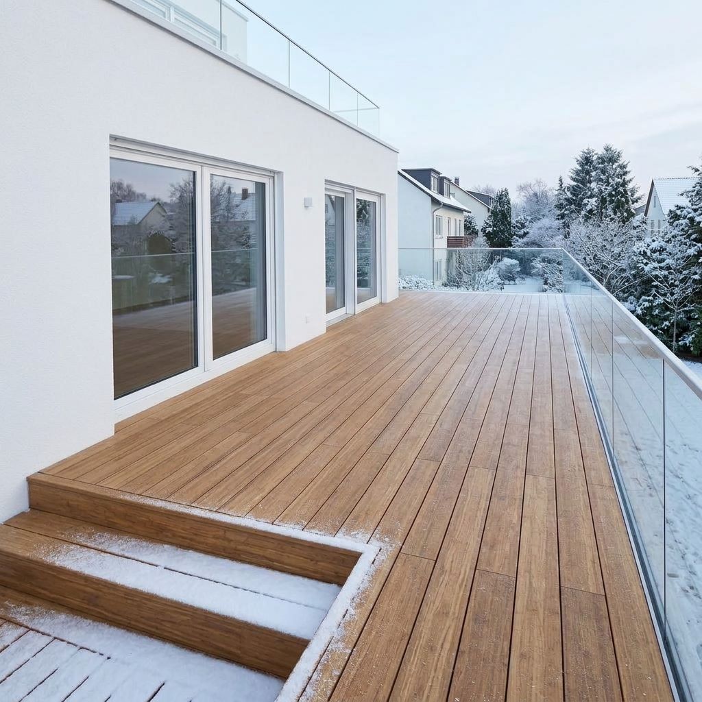 Moderne Holzterrasse an einem weißen Wohnhaus mit Glasgeländer und verschneitem Garten im Winter.