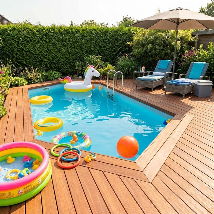 Gartenpool mit umlaufender Holzterrasse, Sonnenliegen, Sonnenschirm und buntem Badespielzeug inmitten dichter Bepflanzung.