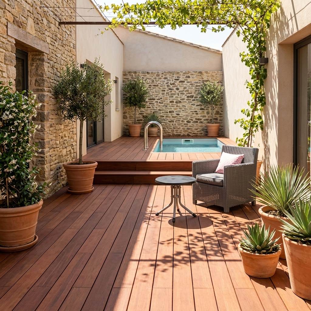 Sonnige Holzterrasse in einem Innenhof mit kleinem Pool, Korbsessel und mediterranen Pflanzen in Terrakottatöpfen.