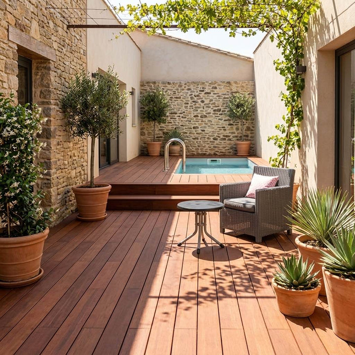 Sonnige Holzterrasse in einem Innenhof mit kleinem Pool, Korbsessel und mediterranen Pflanzen in Terrakottatöpfen.