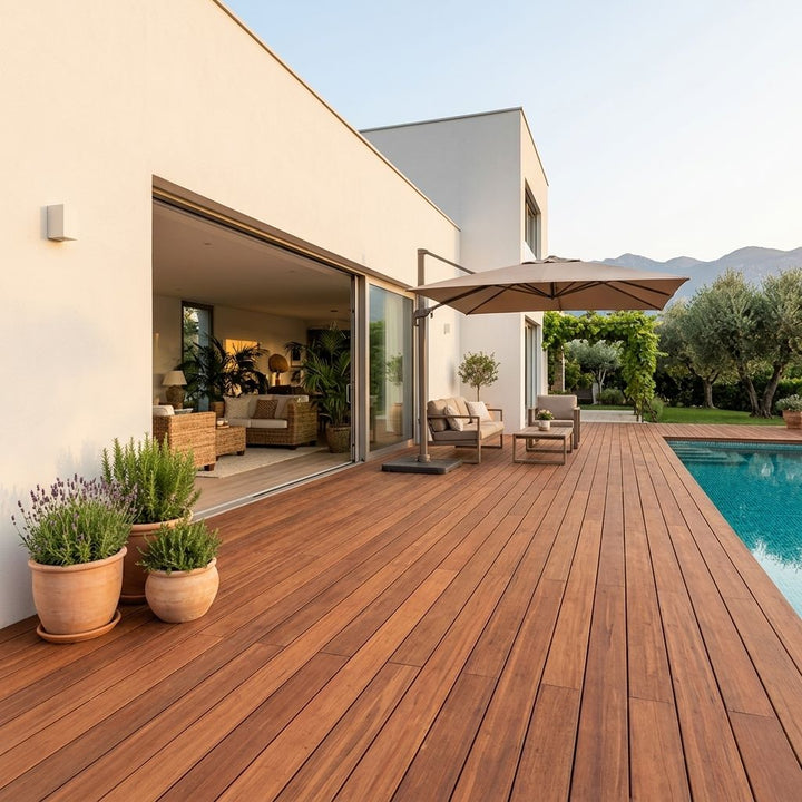 Großzügige Holzterrasse an einem modernen Haus mit Pool, Sitzgruppe, Sonnenschirm und mediterraner Bepflanzung.