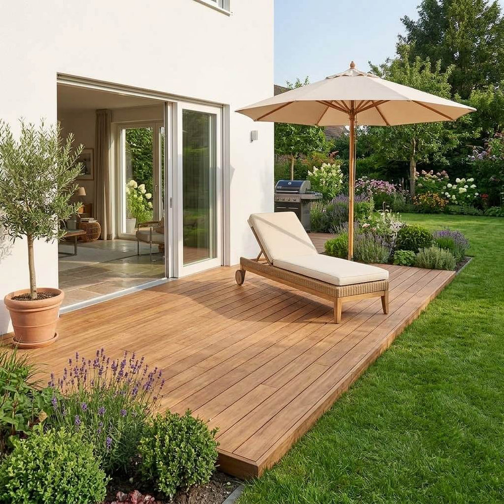 Moderne Bambusterrasse am Haus mit Sonnenliege und Sonnenschirm, umgeben von einem gepflegten Garten.